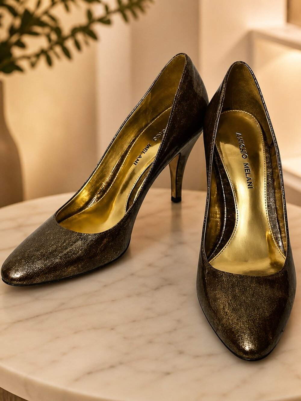 Antonio Melani Bronze Patent Leather Heels Size 8.5
